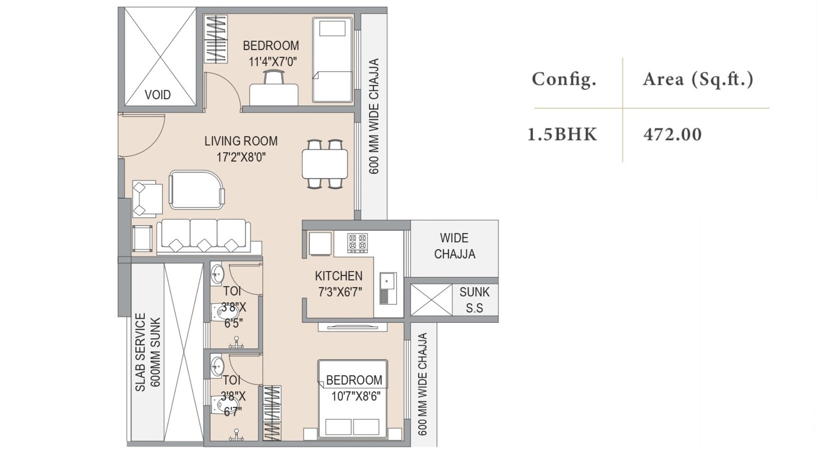 Southfield-Gravity-Floor-Plan-1.5-BHK-472-Sqft